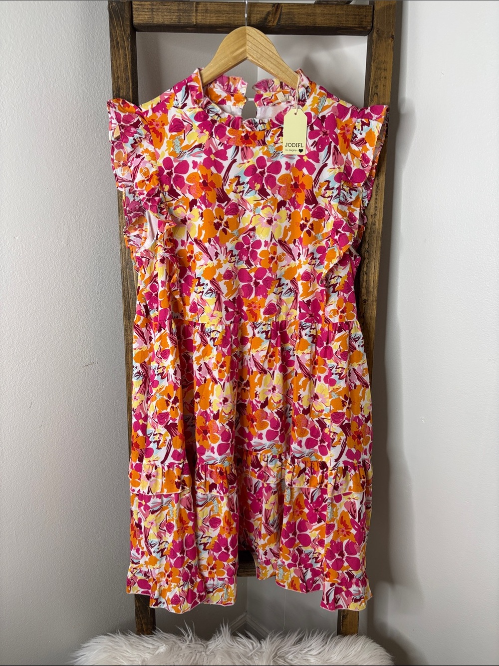 JODIFL Fuchsia, Orange & Yellow Floral Ruffle Sleeve Mini Dress Size M